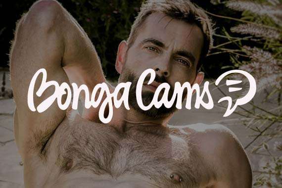 A shirtless man with a beard lies on his side outdoors. The Bongacams logo is overlaid on the image